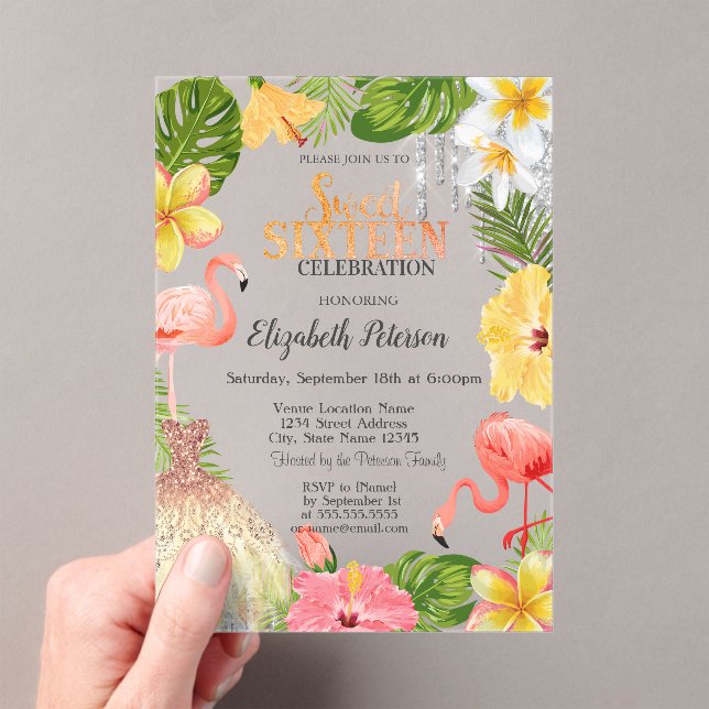 Invitations En Acrylique Tropical Flowers Palm Flamingos Dress Sweet 16 (In situ (ordinateur de poche))