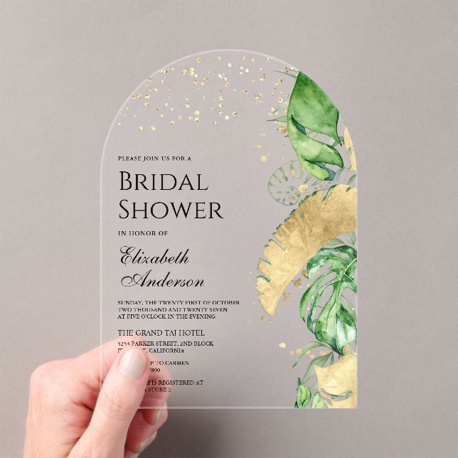 Invitations En Acrylique Tropical Gold Monstera Palm Bridal Shower (In situ (ordinateur de poche))