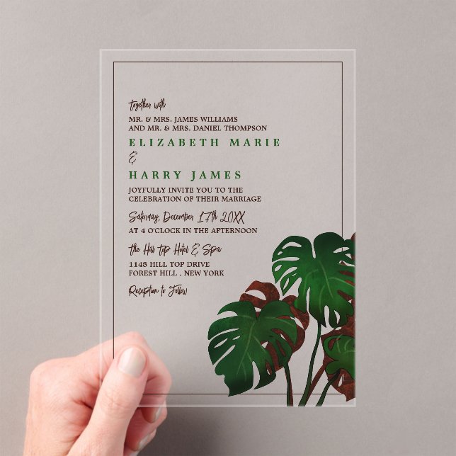Invitations En Acrylique Tropical Monstera Beach Wedding (In situ (ordinateur de poche))