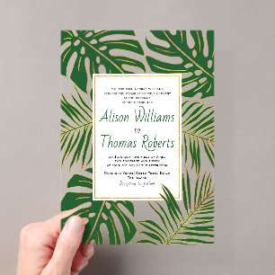 Invitations En Acrylique Tropical monstera, feuilles de palmier vert or mar