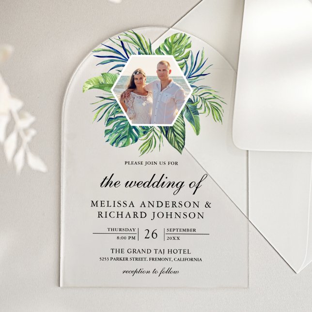Invitations En Acrylique Tropical Monstera Palm Leaves Photo Wedding (Créateur téléchargé)