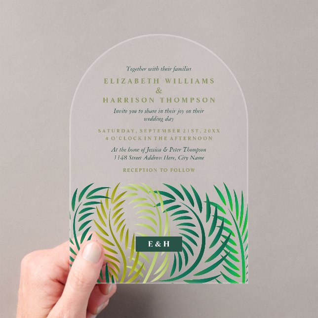 Invitations En Acrylique Tropical Palm Leaves, Beach Wedding (In situ (ordinateur de poche))