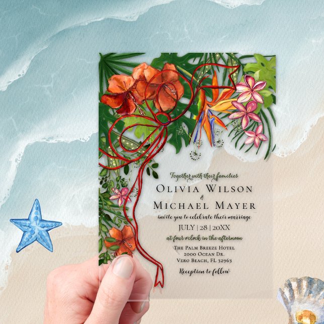 Invitations En Acrylique Tropical Wedding I Floral & Red Bow Acrylic (Tropical Wedding I Floral & Red Bow Acrylic Invitations)