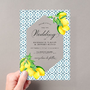 Invitations En Acrylique Tuiles Bleues Siciliennes Été Citron Bohème Mariag
