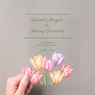 Invitations En Acrylique Tulipes de mariage de printemps aquarelle colorée