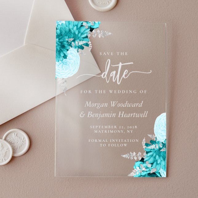 Invitations En Acrylique Turquoise Argent Fleurs Mariage Enregistrer la Dat (Créateur téléchargé)