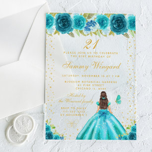 Invitations En Acrylique Turquoise Floral Brunette Hair Princesse Anniversa