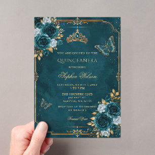 Invitations En Acrylique Turquoise Or Fleur Papillon Quinceañera