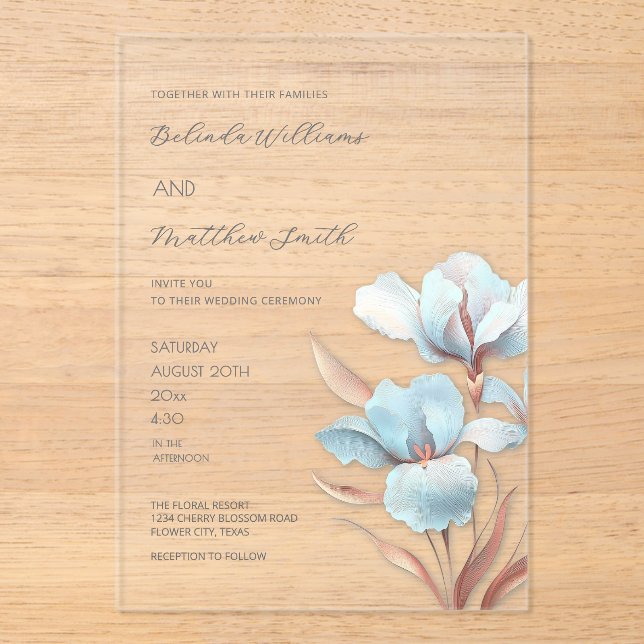 Invitations En Acrylique Turquoise Rose Gold 3D Flowers White (Recto)
