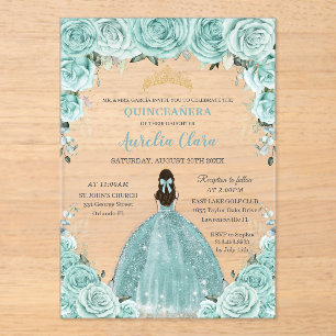 Invitations En Acrylique Turquoise Vert Floral Princesse Or Quinceañera