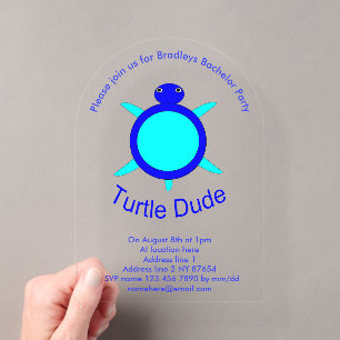 Invitations En Acrylique Turtle Dude bleu vif pour enterrement de vie de ga