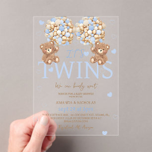 Invitations En Acrylique Twin Boys Blue Bear Baby shower
