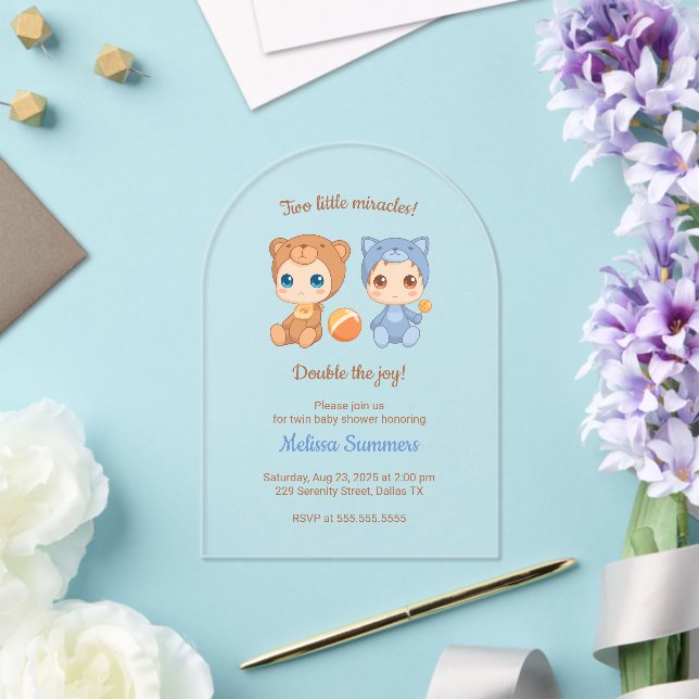 Invitations En Acrylique Twins Cat Bear Sexe Baby shower neutre (Insitu (Mariage))