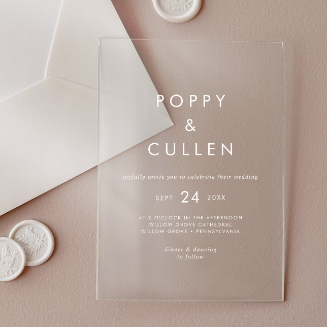 Invitations En Acrylique Typographie chic Blanc Moderne Boho Simple Mariage (Chic Typography White Modern Boho Simple Wedding Acrylic Invitations)