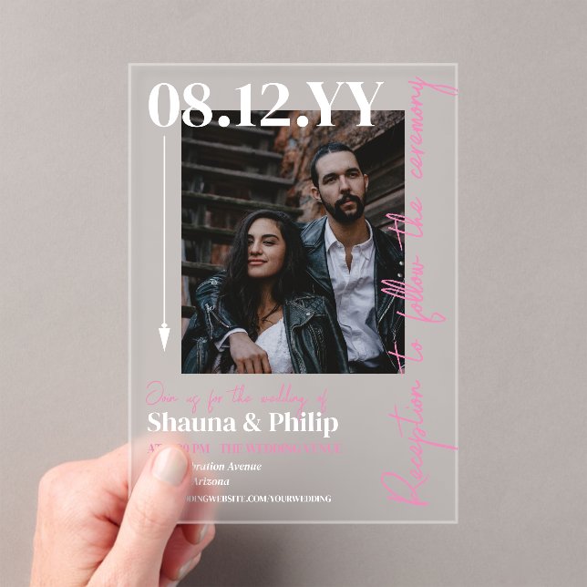 Invitations En Acrylique Typographie de la flèche rose blanche Mariage phot (In situ (ordinateur de poche))