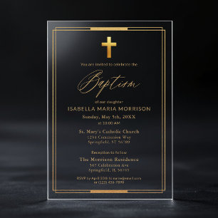 Invitations En Acrylique Typographie de script Gold Cross Chic Élégant Bapt