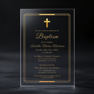Invitations En Acrylique Typographie de script Gold Cross Chic Élégant Bapt