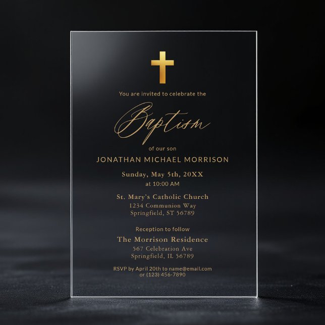 Invitations En Acrylique Typographie de script Gold Cross Chic Élégant Bapt (Créateur téléchargé)