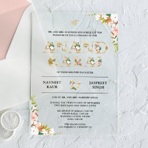 Invitations En Acrylique Typographie florale Anand Karaj mariage sikh