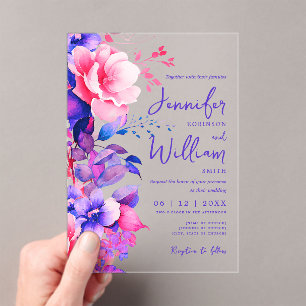 Invitations En Acrylique Typographie moderne Mariage Floral Violet