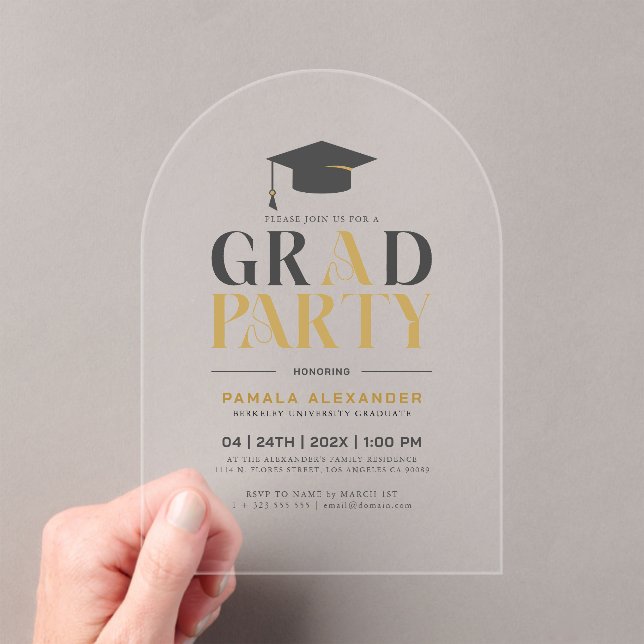 Invitations En Acrylique Typographie Rétro Or Gris Fête de Diplômé (In situ (ordinateur de poche))