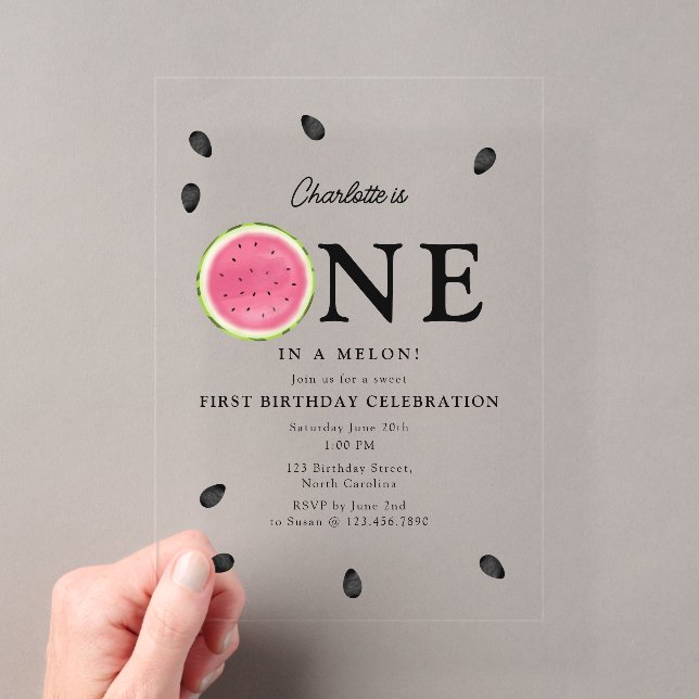Invitations En Acrylique Un anniversaire d'été à la pastèque One in a Melon (In situ (ordinateur de poche))