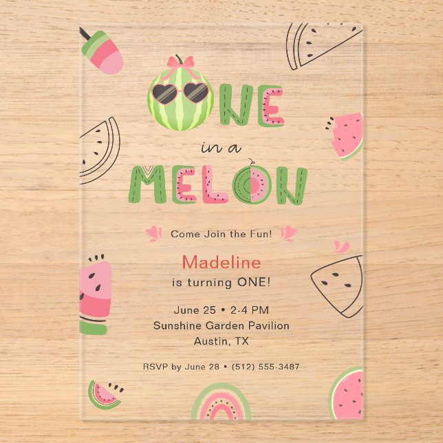 Invitations En Acrylique Un bébé fille pour un melon Pastèque Premier Anniv (Recto)