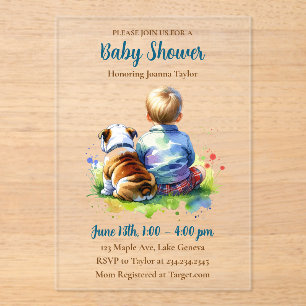 Invitations En Acrylique Un bébé garçon et son Bouledogue Anglais   Baby Sh