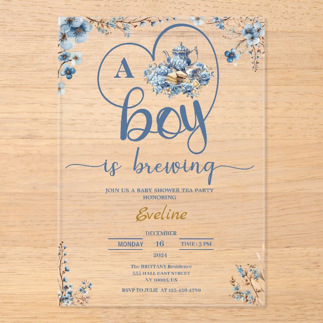 Invitations En Acrylique Un garçon brasse le Baby shower de la fleur de thé (Recto)