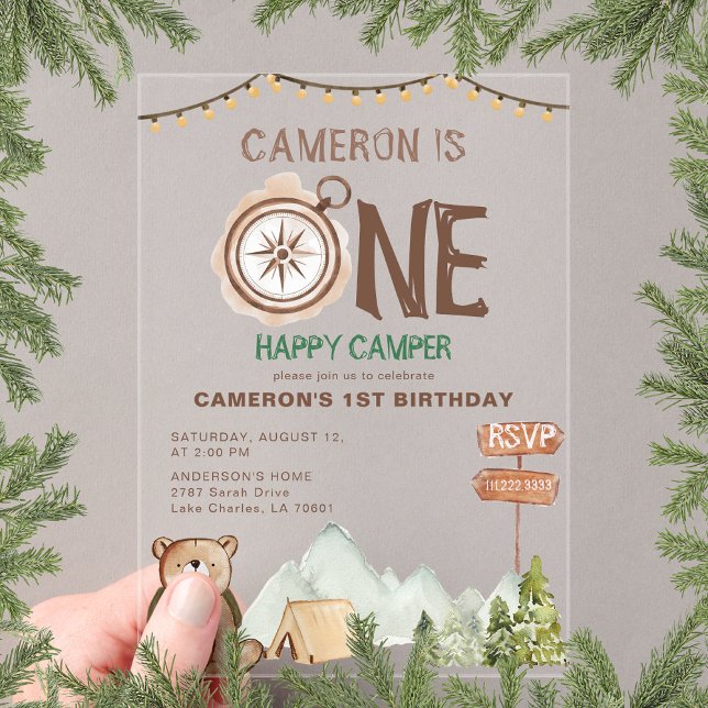 Invitations En Acrylique Un heureux Camper Bear Woodland 1er anniversaire (Créateur téléchargé)