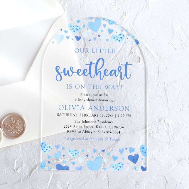 Invitations En Acrylique Un petit Baby shower bleu Valentine (Watercolor Blue Hearts A Little Sweetheart Valentine Baby Boy Acrylic Arch Baby Shower Invitation)