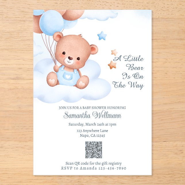 Invitations En Acrylique Un petit ours est en route Code QR personnalisable (Recto)