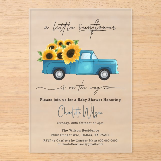 Invitations En Acrylique Un Petit Tournesol Se Trouve Sur Le Chemin Du Baby (Recto)