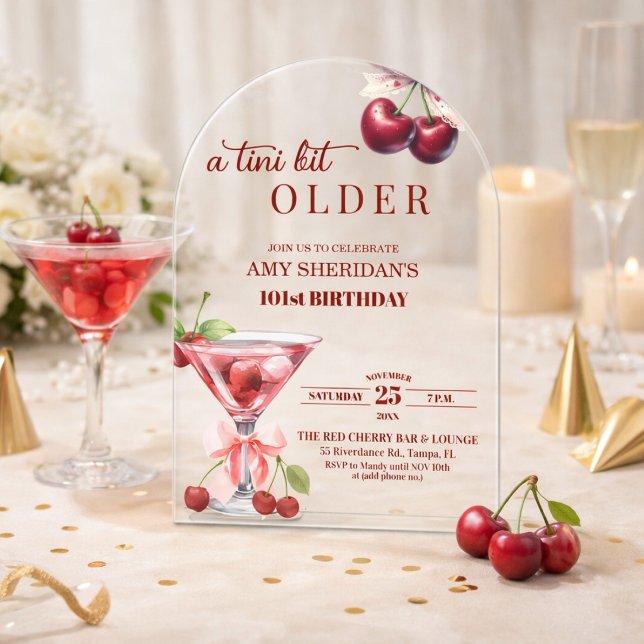 Invitations En Acrylique Un peu plus âgé Cherry Martini 101e Anniversaire (Créateur téléchargé)