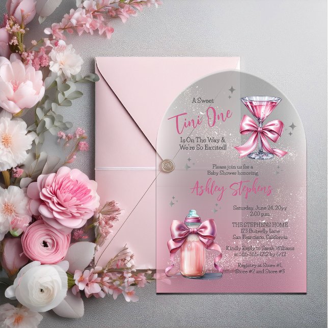 Invitations En Acrylique Un Tini sucré Un Coquette Rose Baby shower fille ("A Sweet Tini One Is On the Way . . ." Coquette Bows Martini |Bottle Girl Baby Shower Acrylic Invite)