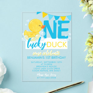 Invitations En Acrylique Une aquarelle Lucky Duck 1er anniversaire