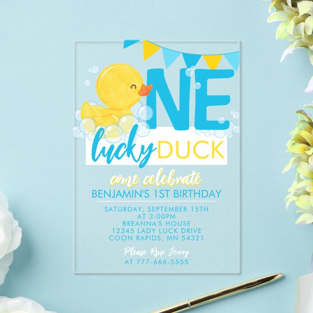 Invitations En Acrylique Une aquarelle Lucky Duck 1er anniversaire (One Lucky Duck Watercolor 1st Birthday Acrylic Invitations)