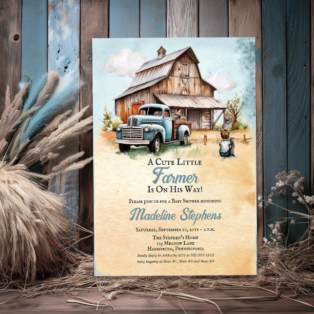 Invitations En Acrylique Une mignonne petite ferme | Baby shower Camion Boy (A Cute Little Farmer Barn and Truck Boy Baby Shower Acrylic Invitations)