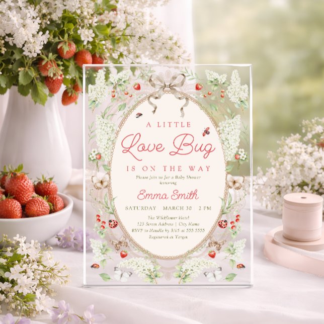 Invitations En Acrylique Une petite fête de bébé florale fraise Love Bug (Créateur téléchargé)