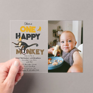 Invitations En Acrylique Une photo de premier anniversaire de singe heureux