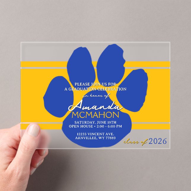 Invitations En Acrylique Unique Gold & Blue Graduation Pawprint Élégant (In situ (ordinateur de poche))