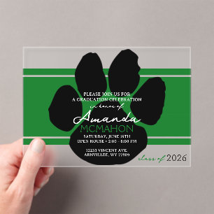 Invitations En Acrylique Unique Green & Black Graduation Pawprint Élégant