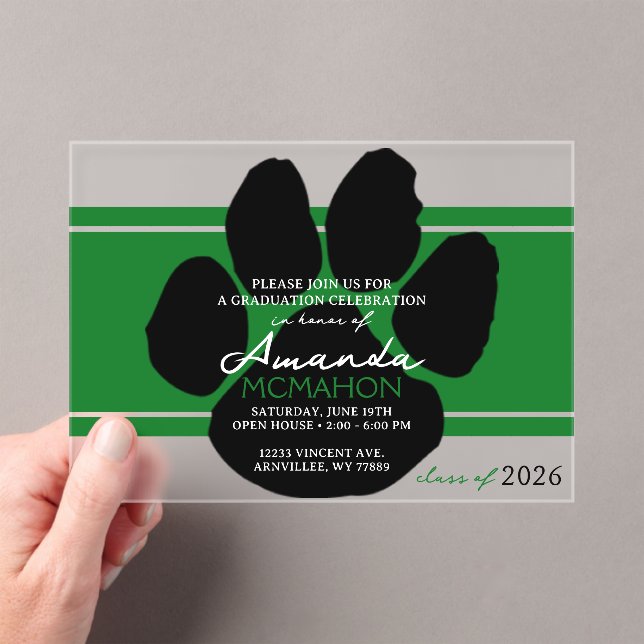 Invitations En Acrylique Unique Green & Black Graduation Pawprint Élégant (In situ (ordinateur de poche))