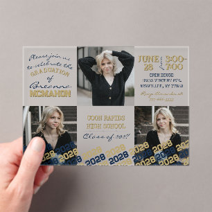 Invitations En Acrylique Unique Navy Blue & Gold Graduation 3 Photo Frosted