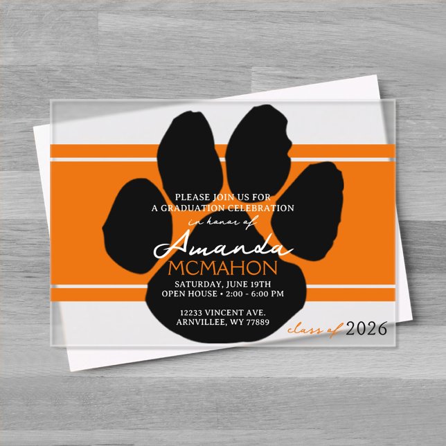 Invitations En Acrylique Unique Orange & Noir Graduation Pawprint Élégant (Unique Orange and Black Graduation Pawprint Elegant Frosted Acrylic Invitations)
