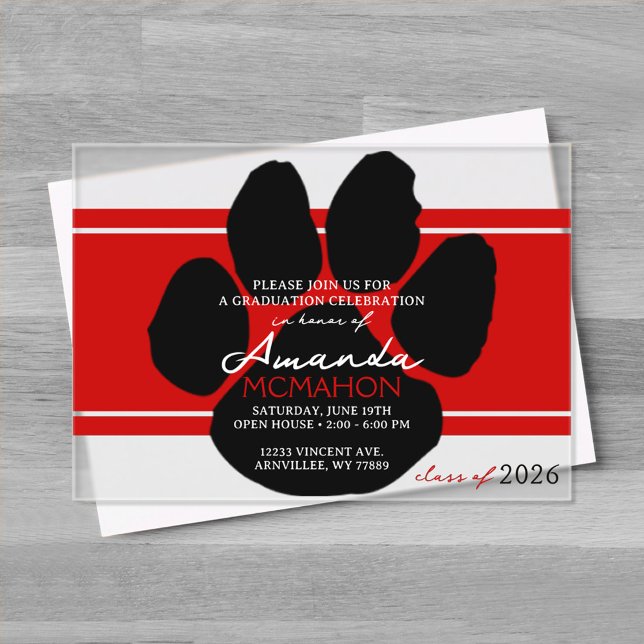 Invitations En Acrylique Unique Red & Black Graduation Pawprint Élégant (Unique Red & Black Graduation Pawprint Elegant Frosted Acrylic Invitations)