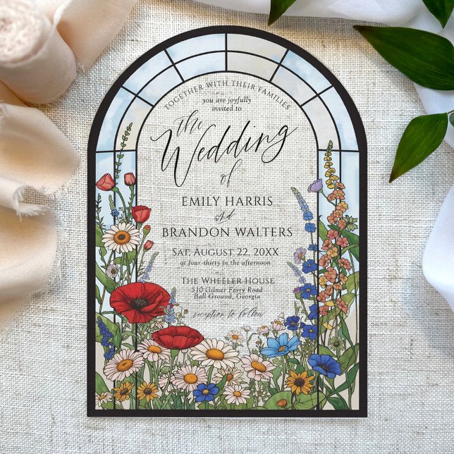 Invitations En Acrylique Unique Wildflower Stained Glass Arch Wedding (Modern wildflower daisy sunflower poppy stained glass window floral arch acrylic wedding invitation)