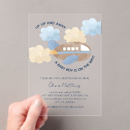 Invitations En Acrylique Up Up and Away Watercolor Airplane Boy Baby Shower