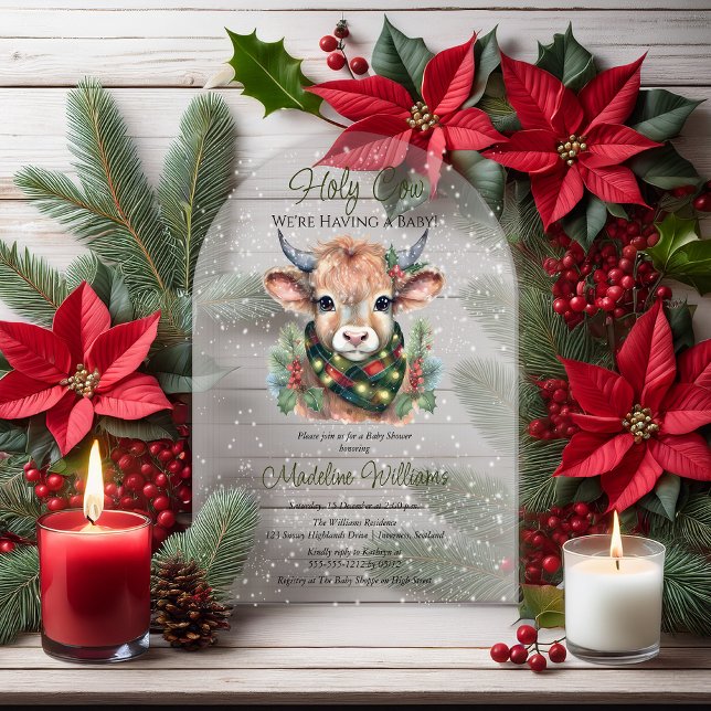 Invitations En Acrylique Vacances d'hiver Highland Holy Cow Baby shower (Winter Holiday Highland "Holy Cow" Baby Shower Arched Acrylic Invitation)