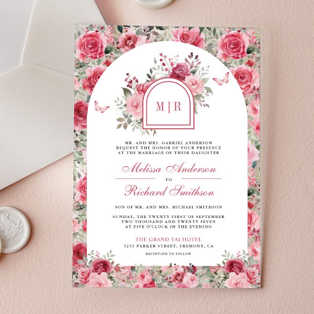 Invitations En Acrylique Valentine Pink Red Roses Butterfly Arch Wedding (Créateur téléchargé)